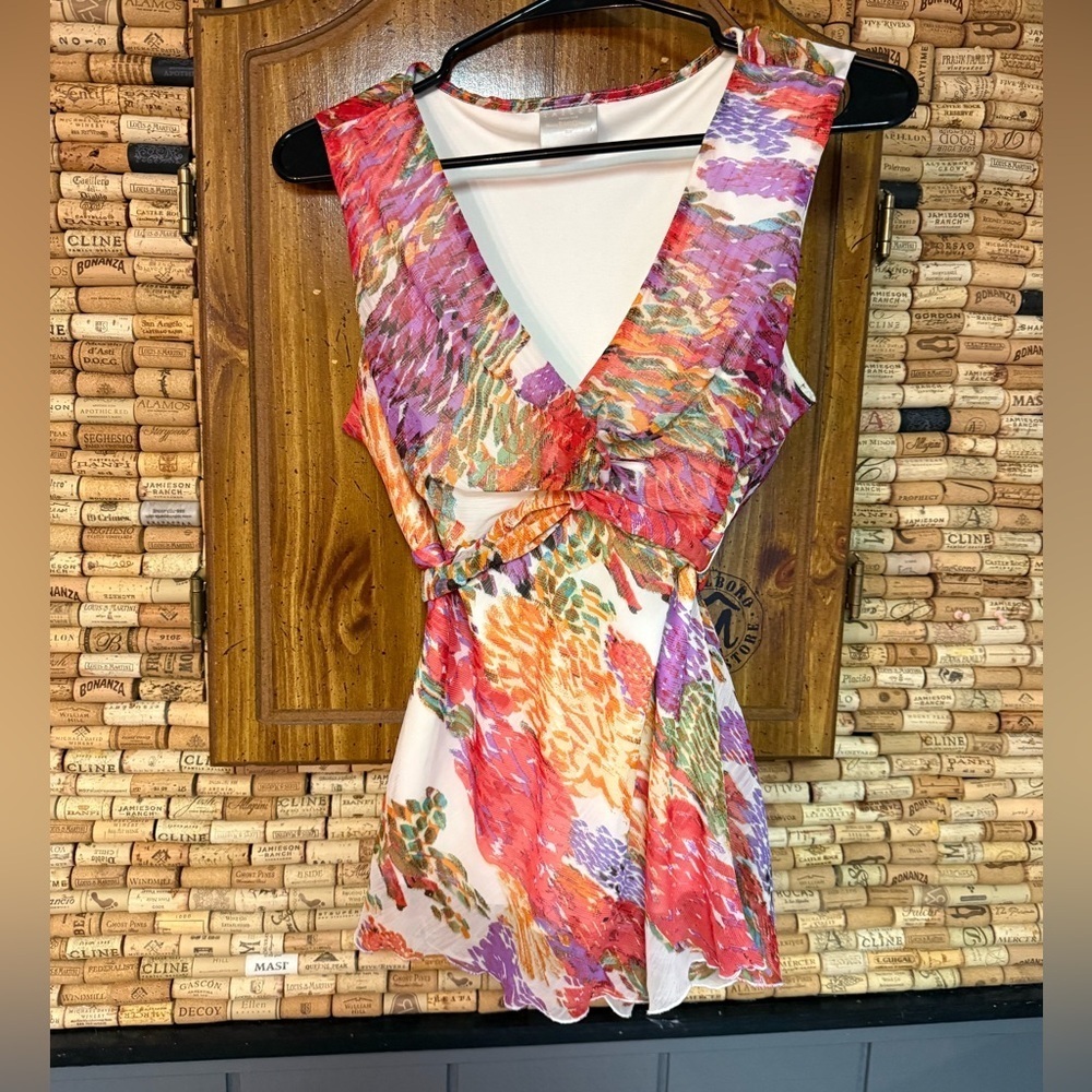 Vintage Y2K B. moss floral whimsical v-neck tie tank top blouse size L
